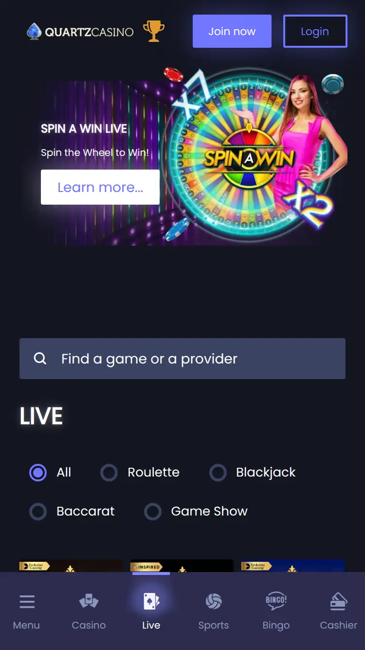 Quartz Casino - homepage (mobile)