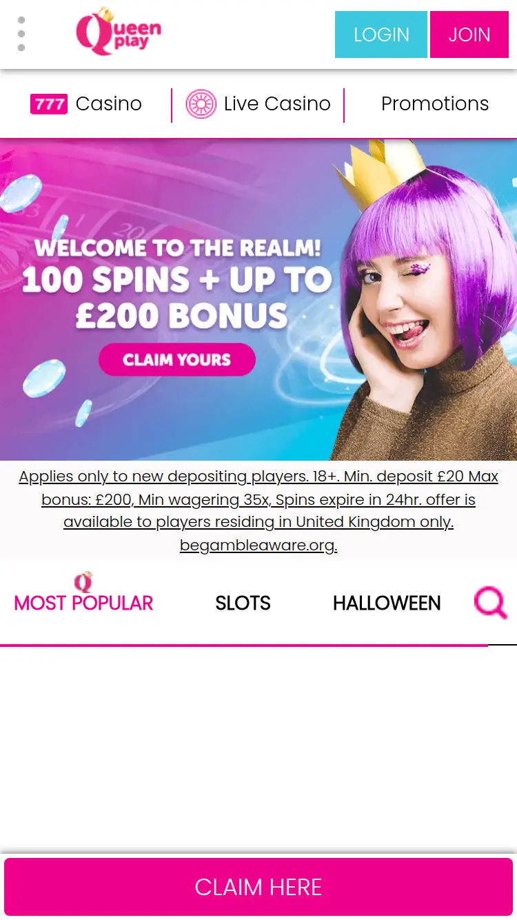 Queen Play - homepage (mobile)