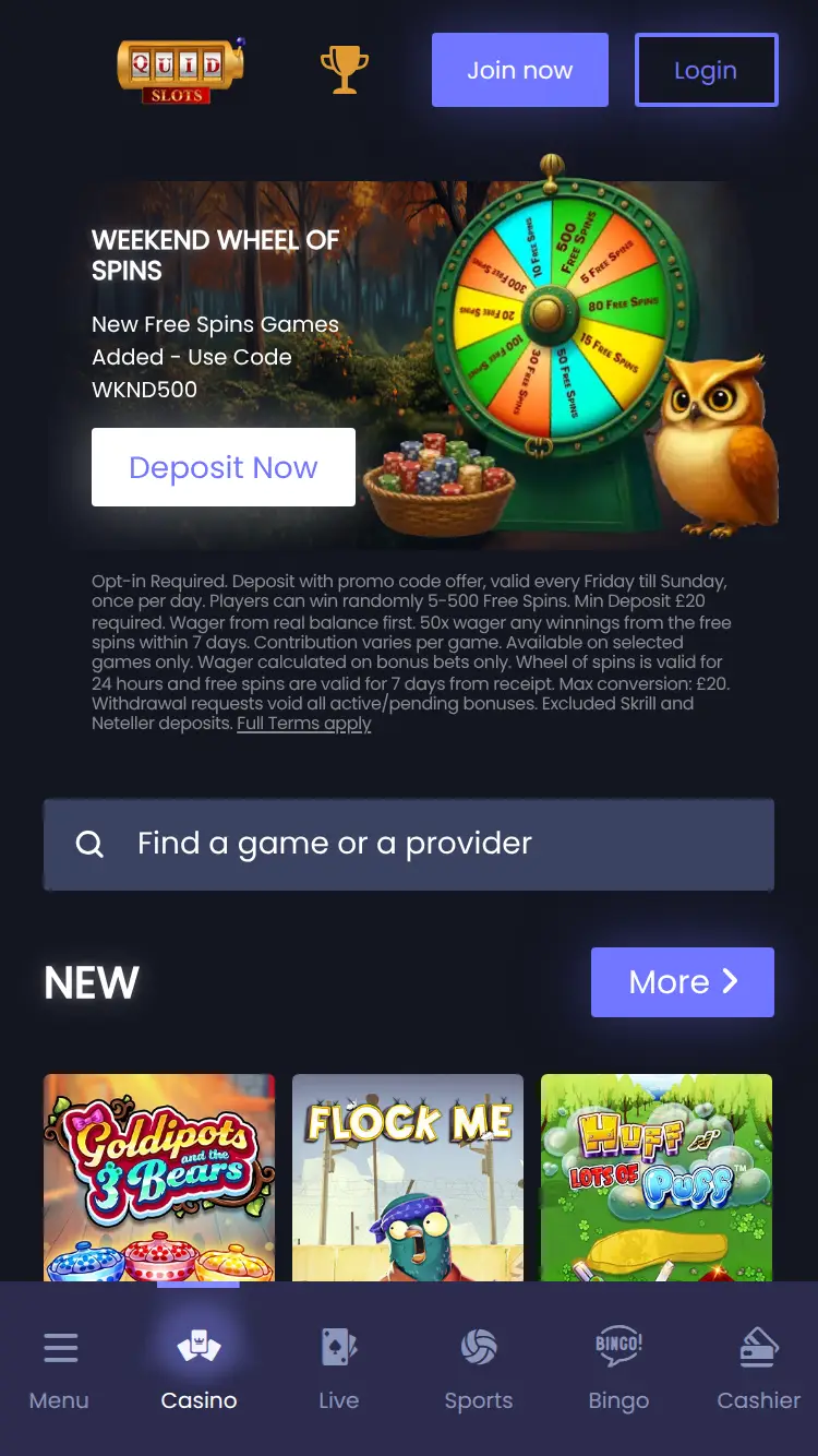 Quid Slots - homepage (mobile)