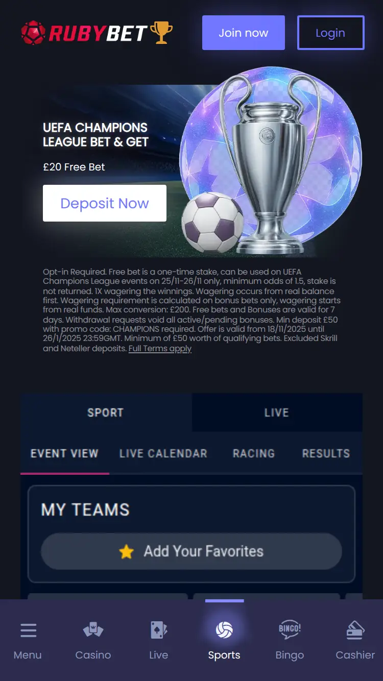 Ruby Bet - homepage (mobile)