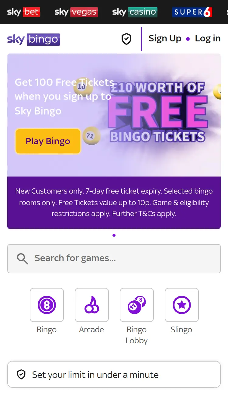 Sky Bingo - homepage (mobile)