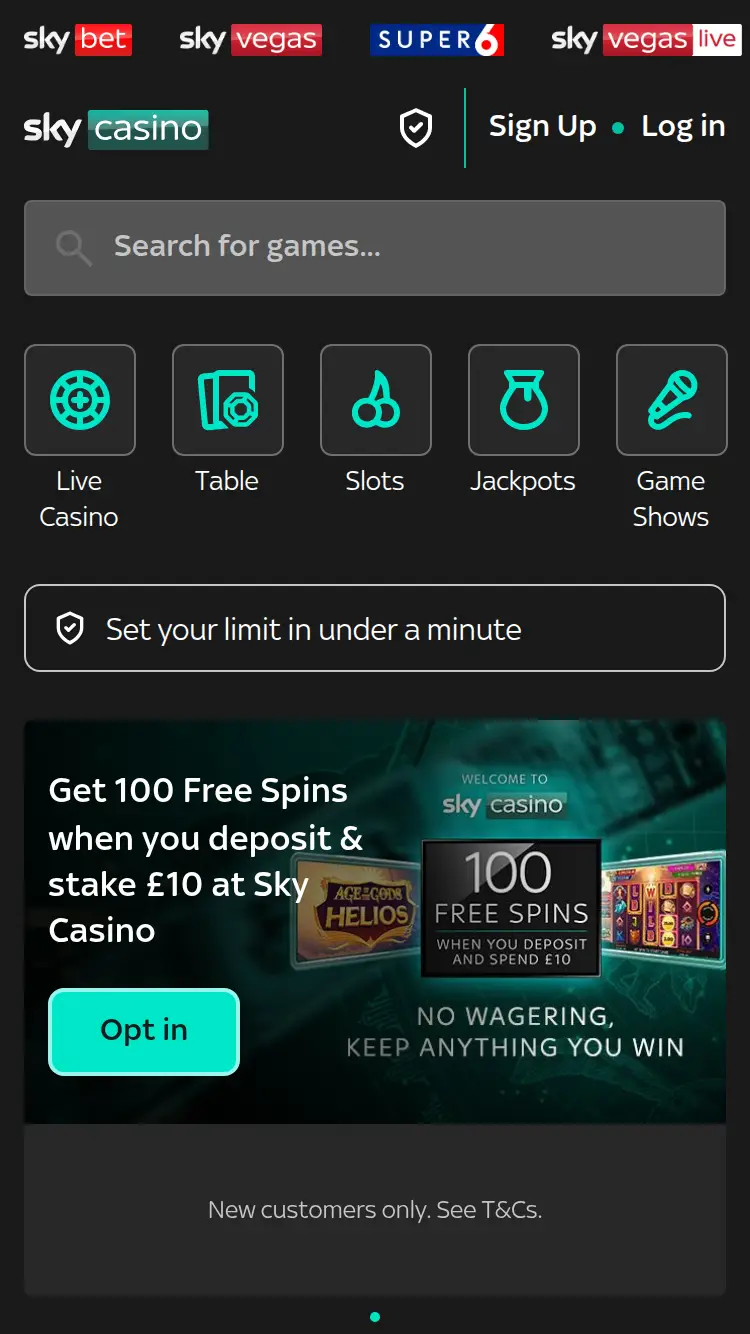 Sky Casino - homepage (mobile)