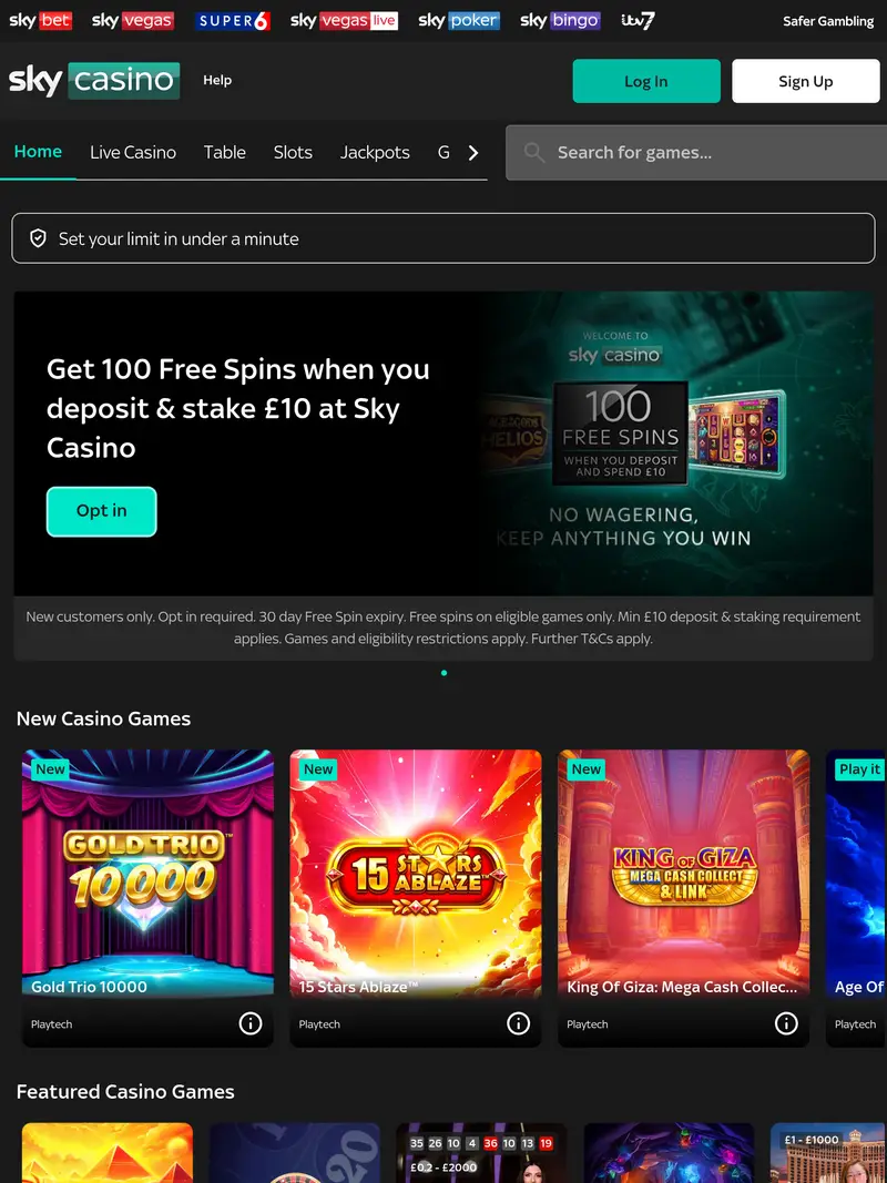 Sky Casino - homepage (tablet)