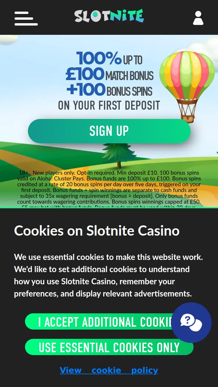 Slotnite - homepage (mobile)