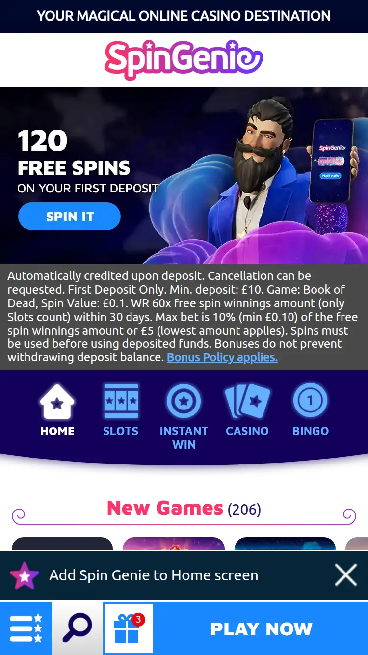 Spin Genie - homepage (mobile)