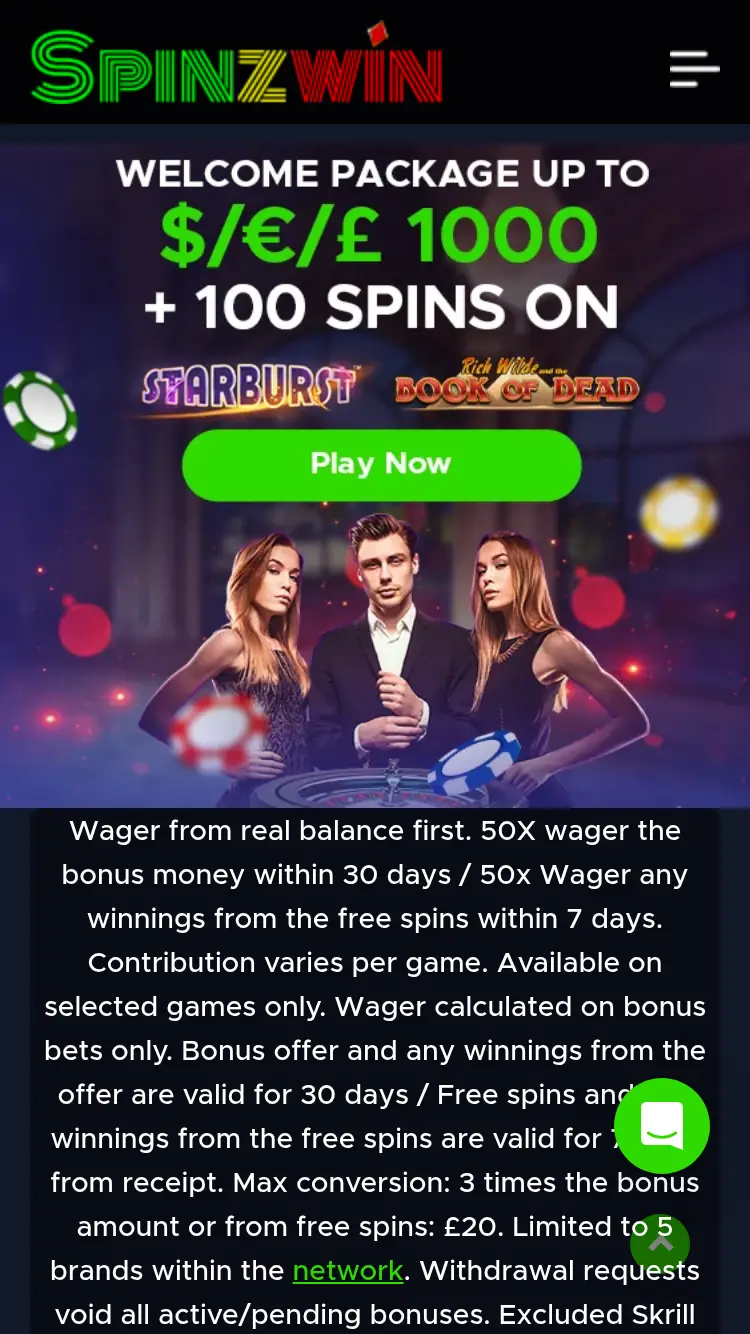Spinz Win - homepage (mobile)