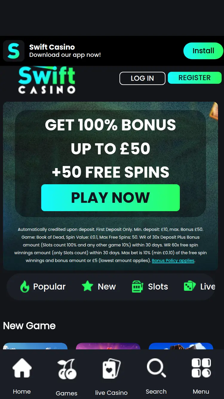 Swift Casino - homepage (mobile)
