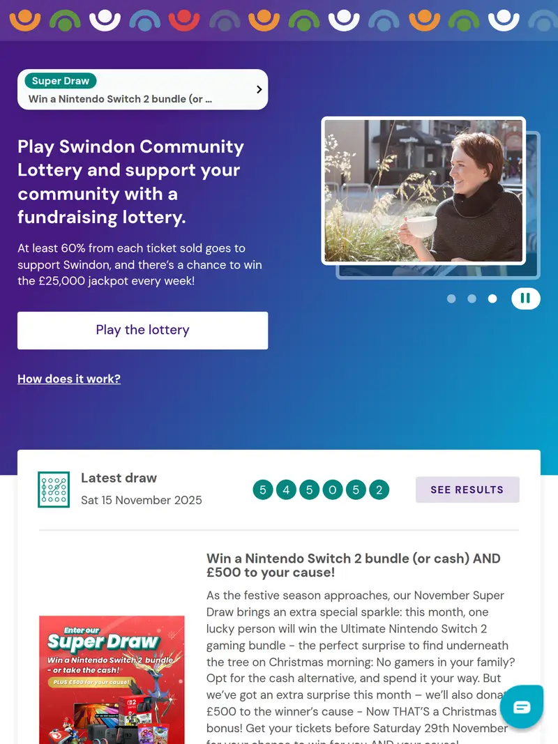 Swindon Lottery - homepage (tablet)