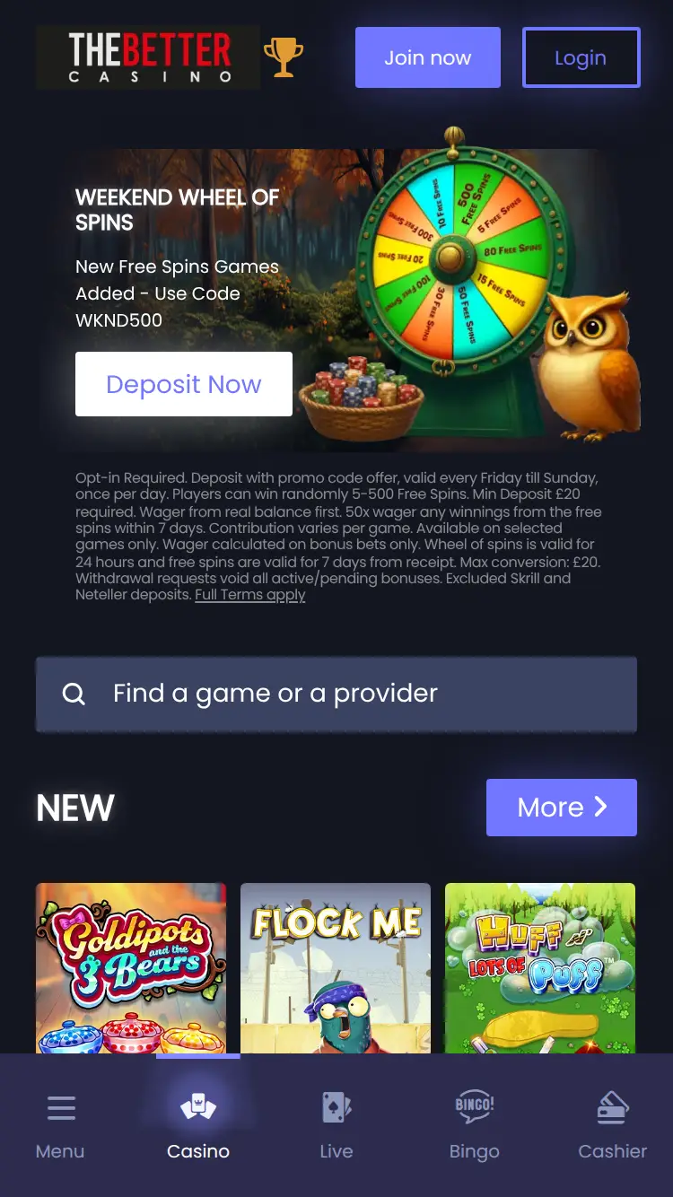 Thebetter Casino - homepage (mobile)
