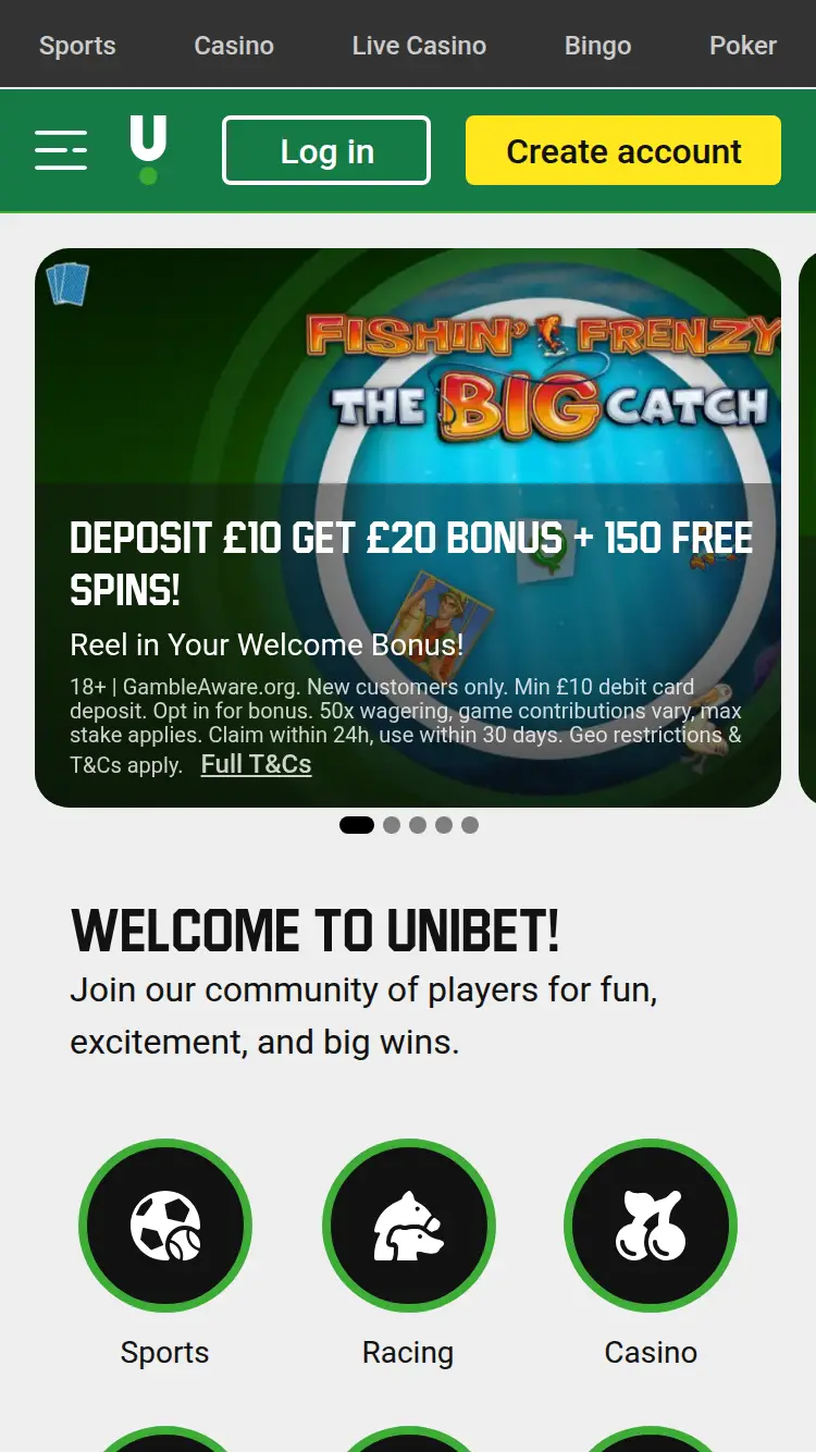 Uni Bet - homepage (mobile)