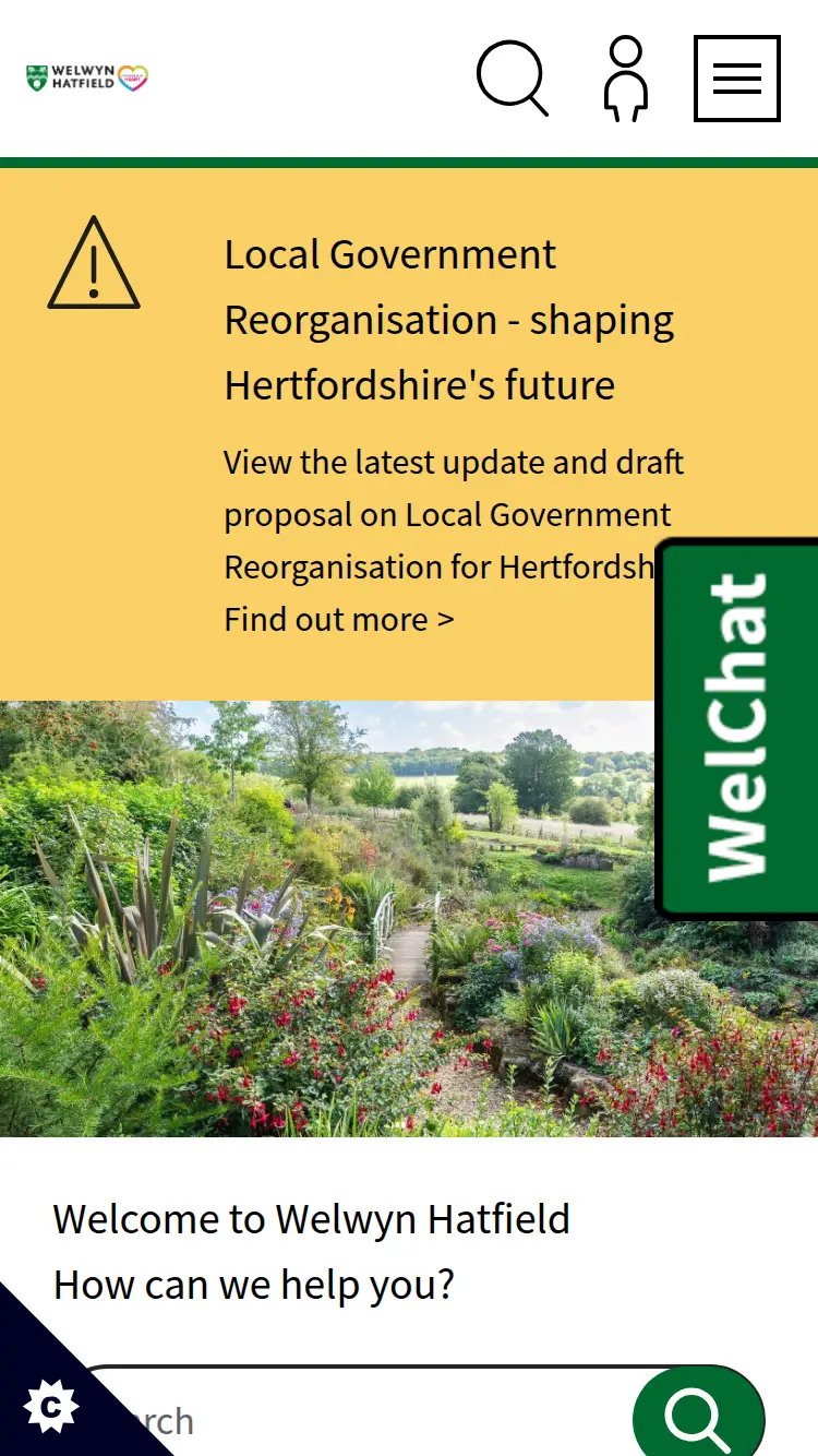 Welwyn Hatfield Council - homepage (mobile)