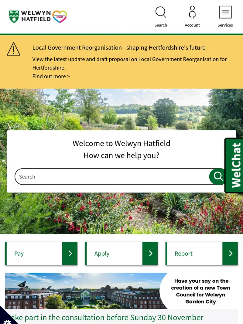 Welwyn Hatfield Council - homepage (tablet)
