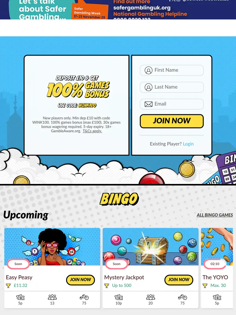 Wink Bingo - homepage (tablet)