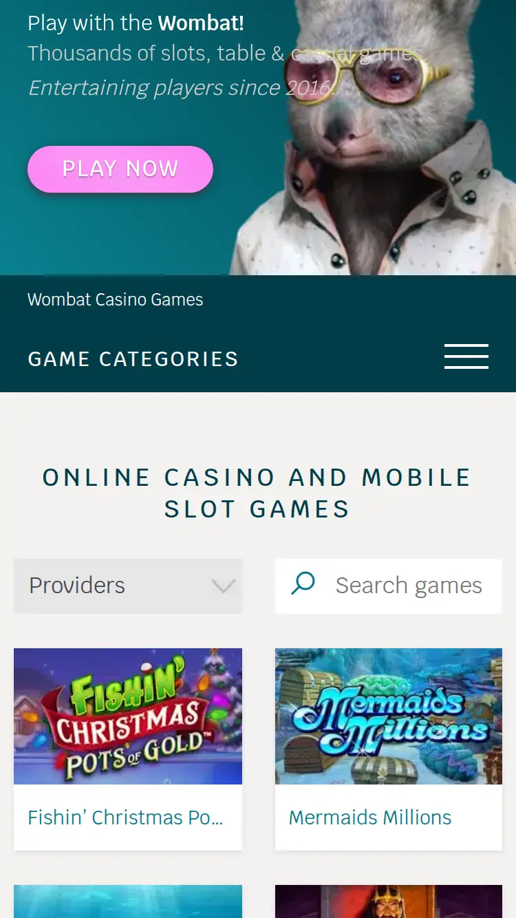 Wombat Casino - homepage (mobile)