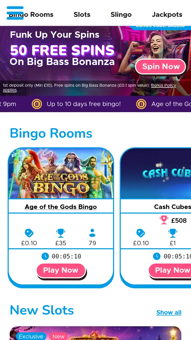 Zingo Bingo - homepage (mobile)
