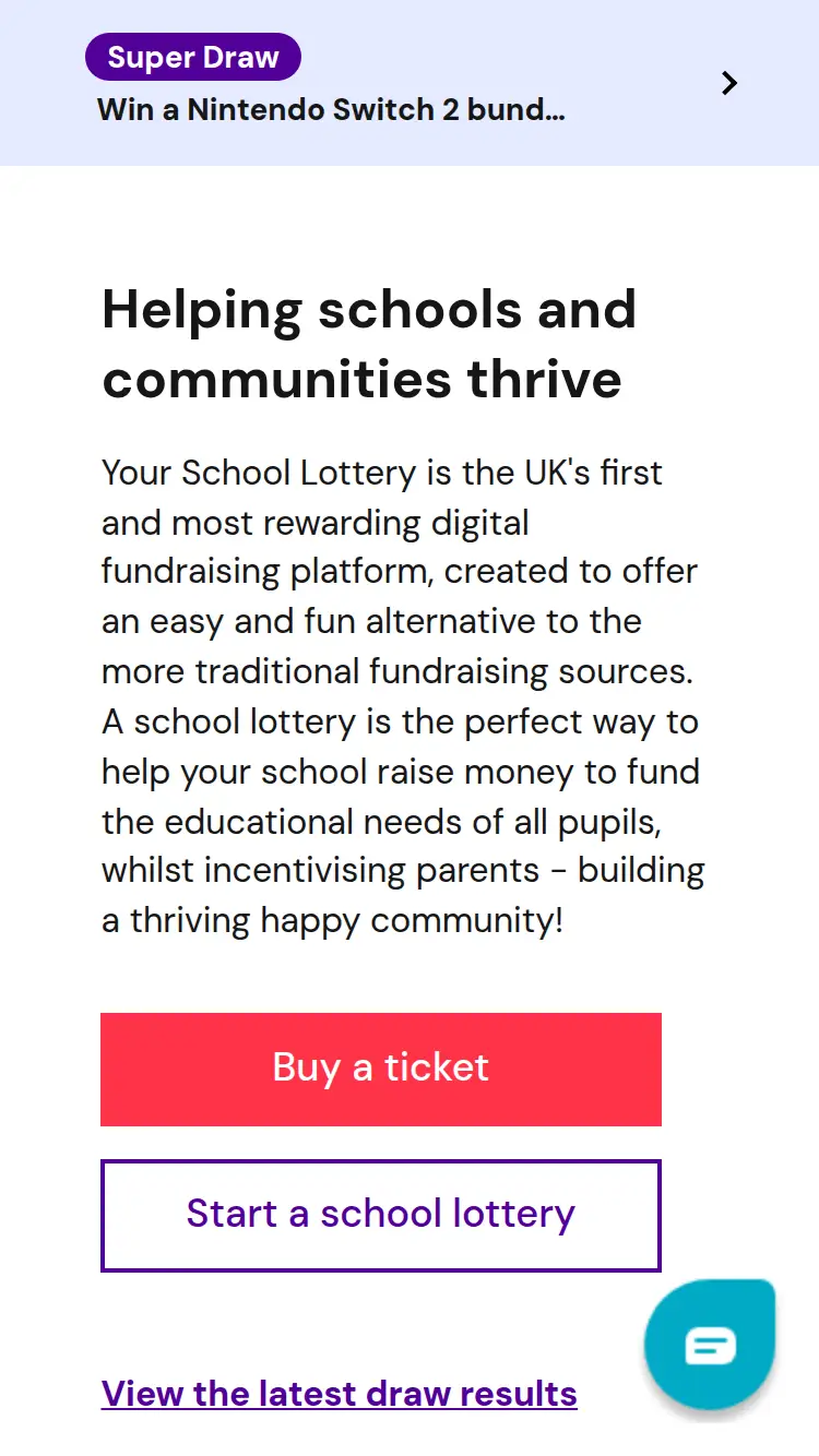 Your School Lottery - homepage (mobile)