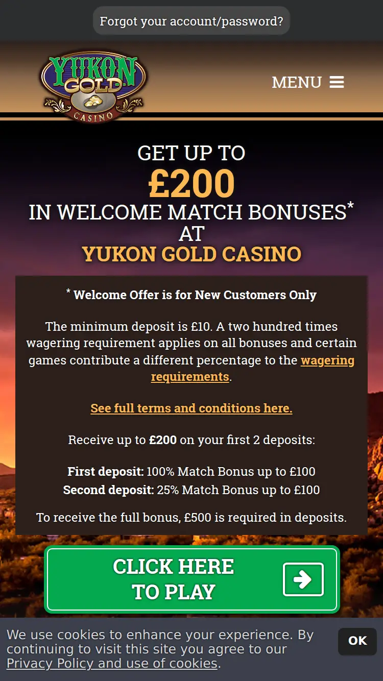 Yukon Gold Casino - homepage (mobile)