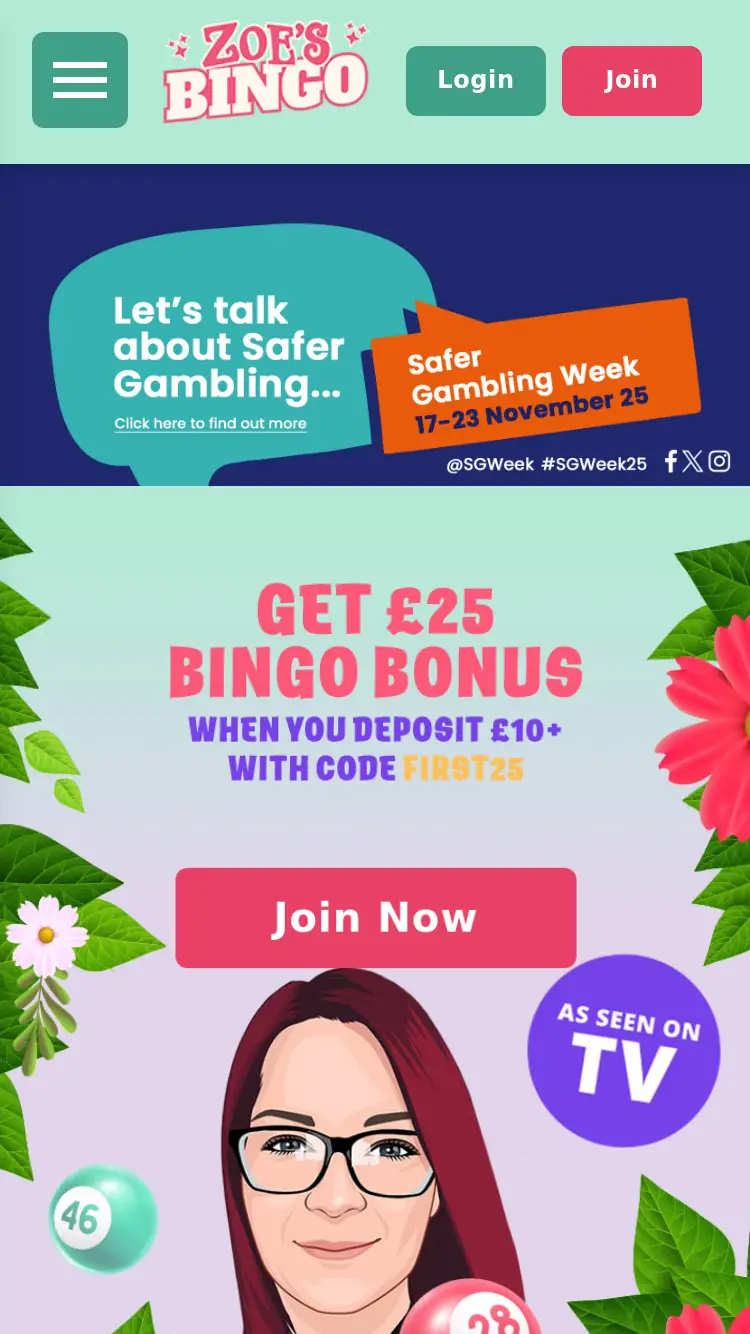 Zoes Bingo - homepage (mobile)